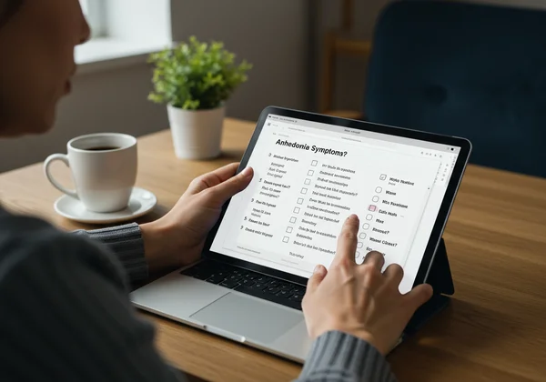 Person taking an online anhedonia self-assessment test.