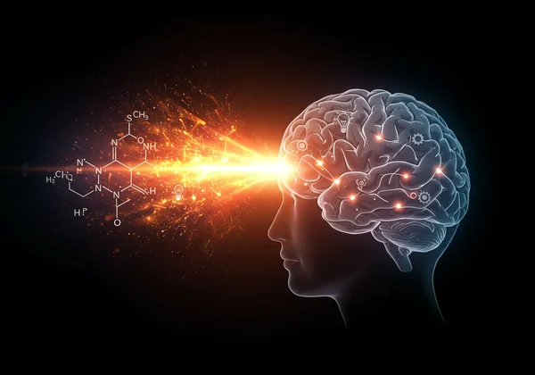 Dopamine molecule energizing a motivated brain.