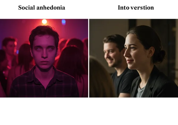 Split image showing anhedonia (numbness) and introversion (recharge)
