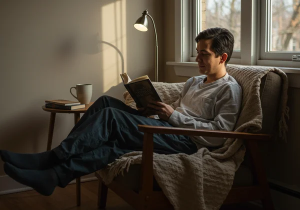 Person enjoying quiet solitude with a book by a window