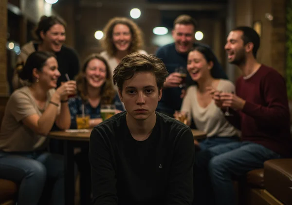 Person feeling disconnected in a vibrant social setting