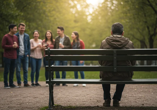 A person isolated, observing others, feeling distant and disconnected