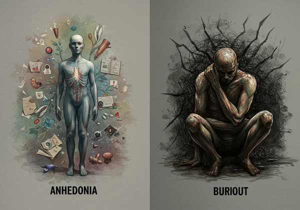 Visual comparison of anhedonia (numbness) and burnout (exhaustion).