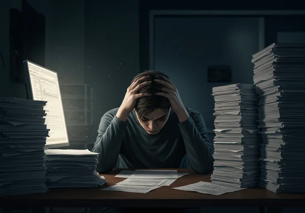 Person overwhelmed and exhausted by work stress.