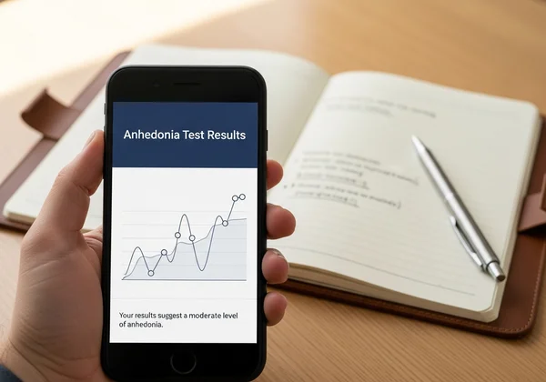 Hand holding phone with anhedonia test results