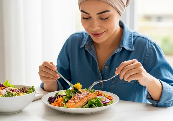 Person enjoying a healthy meal, feeling joy and connection