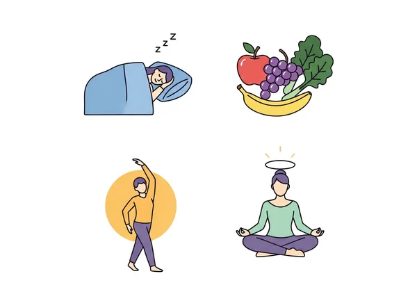 Icons representing sleep, nutrition, exercise, mindfulness